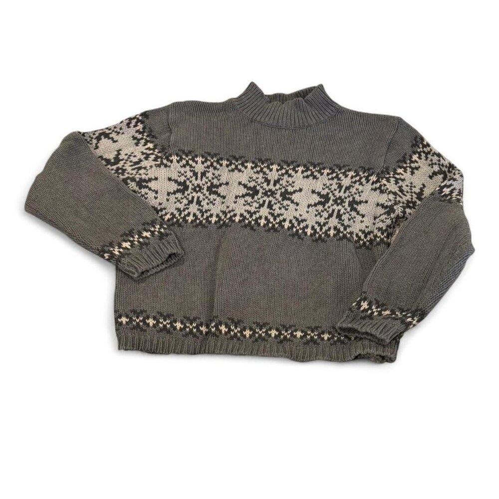 Gray Cotton Vintage Fair Isle Nordic Knit Sweater Cozy Winter Pullover Chunky